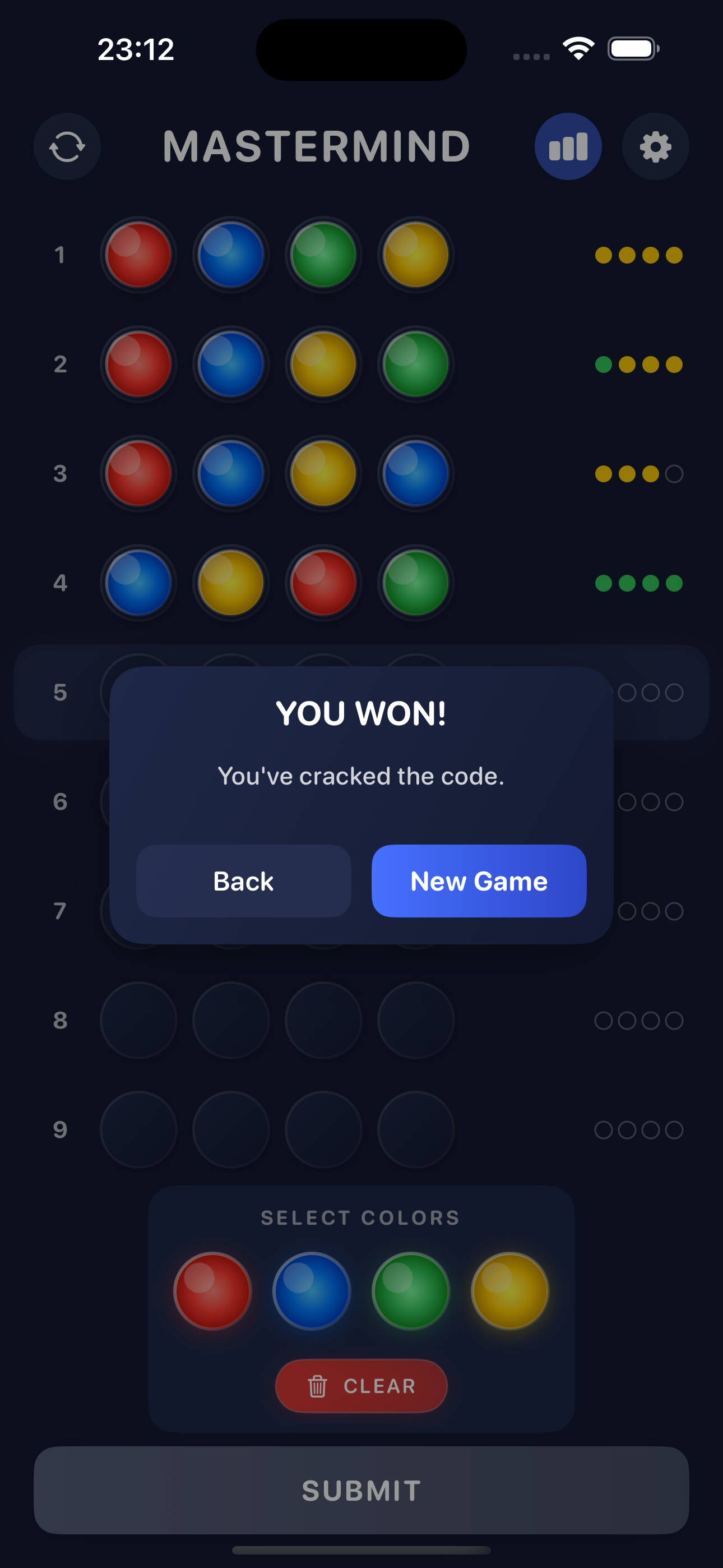 Mastermind completed puzzle and achievement screen